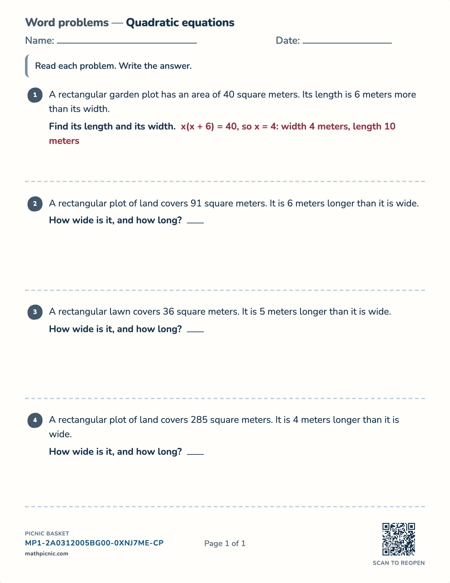 Quadratic equation word problems worksheet — Rectangle area, consecutive product, free printable with answer key