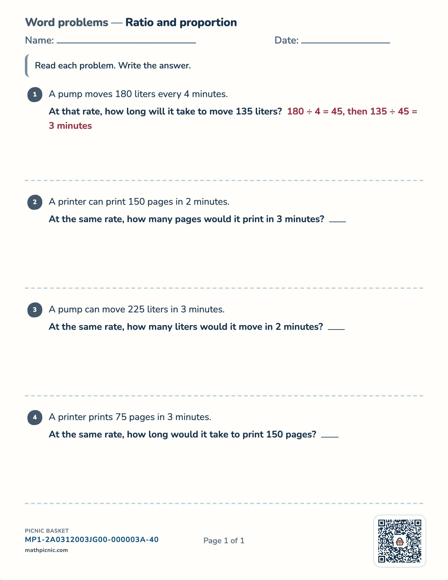 Ratio and proportion word problems worksheet — Sharing in a ratio, unit rate, free printable with answer key