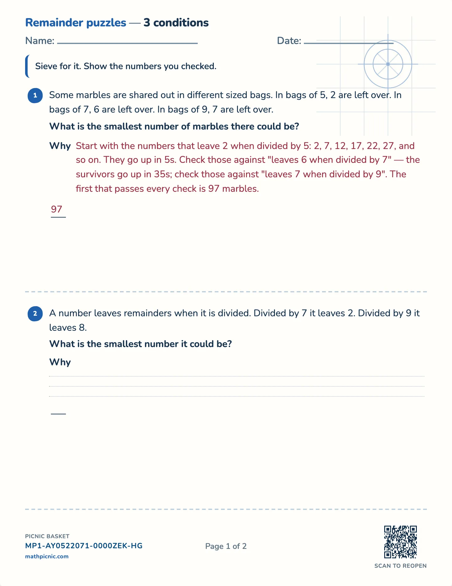 A number from its remainders worksheet — Challenge · two or three conditions, free printable with answer key