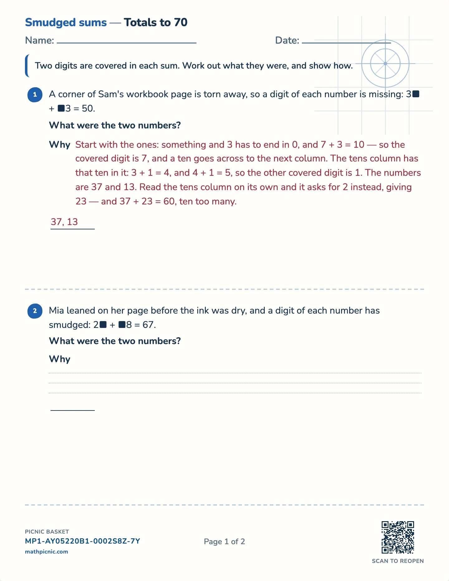 The smudged sum worksheet — Challenge · totals to 50, 70 or under 100, free printable with answer key