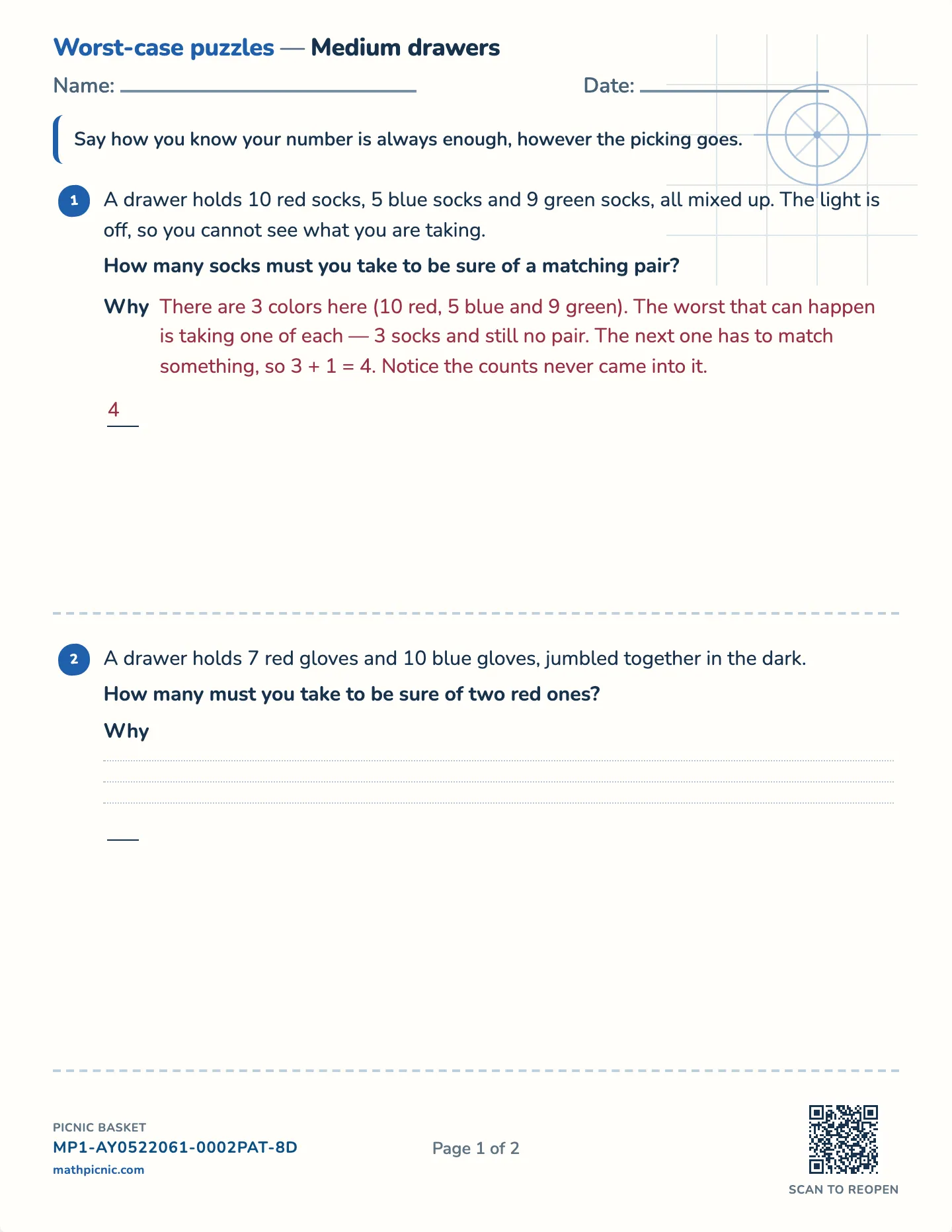 Socks in the dark worksheet — Challenge · small, medium or large drawers, free printable with answer key