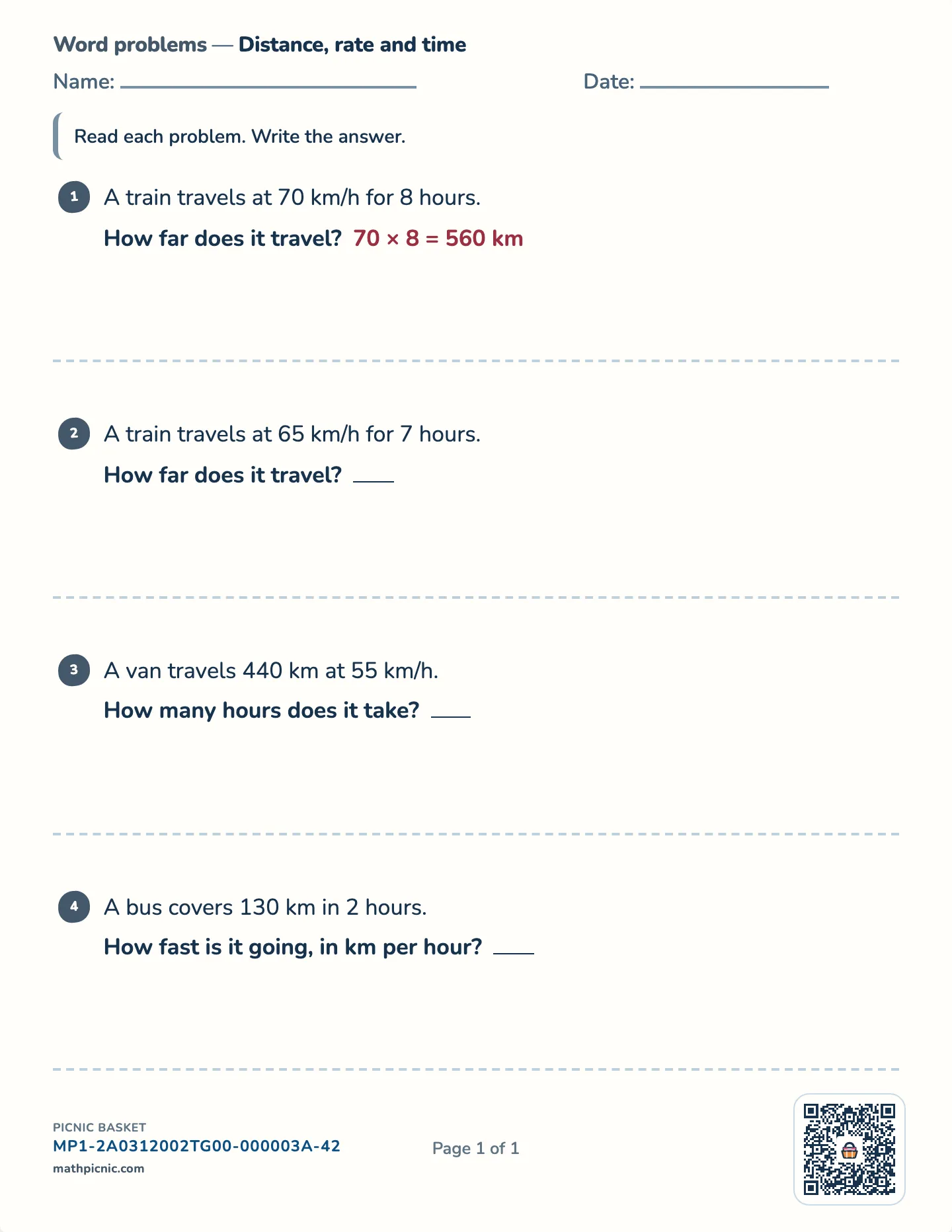 Speed, distance and time word problems worksheet — d = s × t, friendly numbers, free printable with answer key