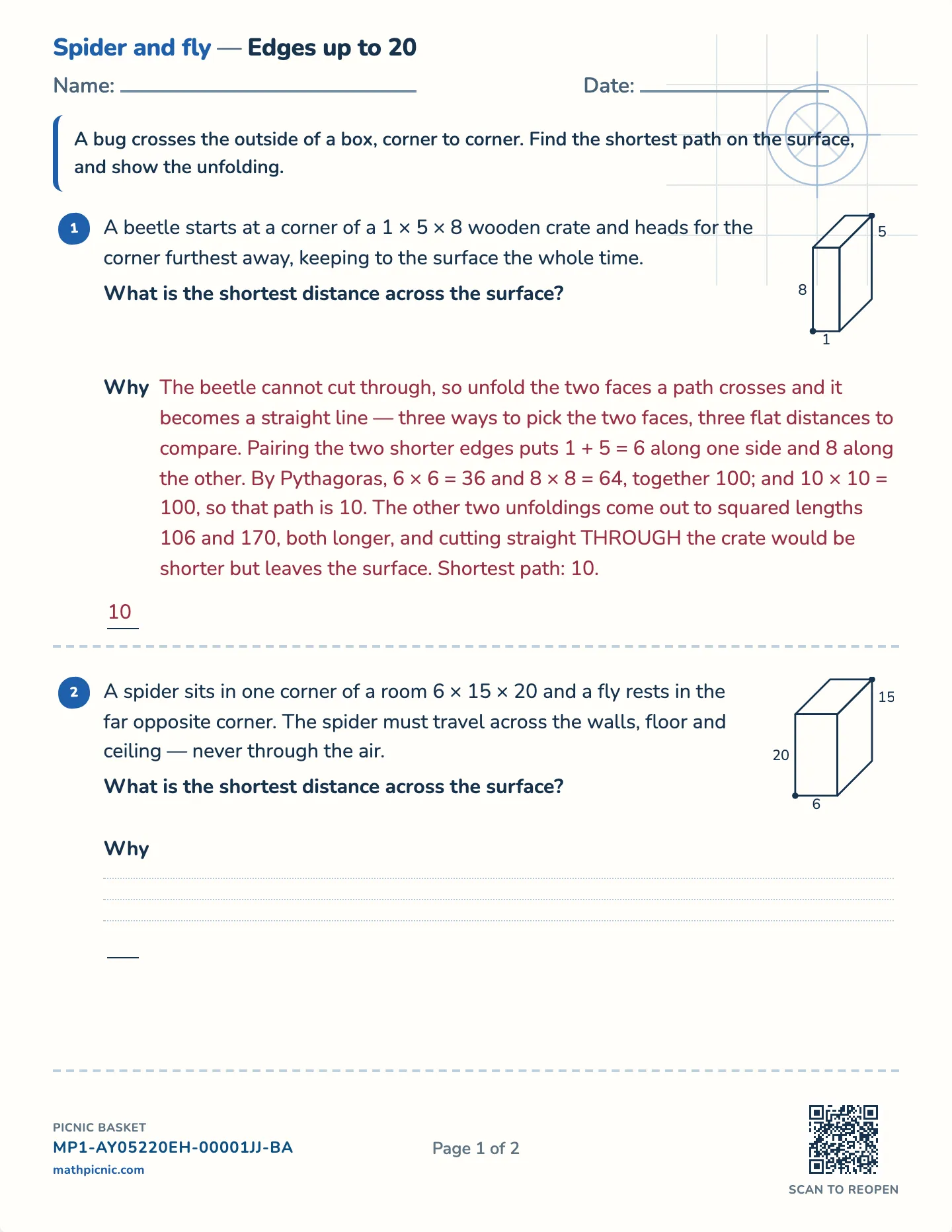 The spider and the fly worksheet — Challenge · boxes with edges up to 15, 20 or 30, free printable with answer key