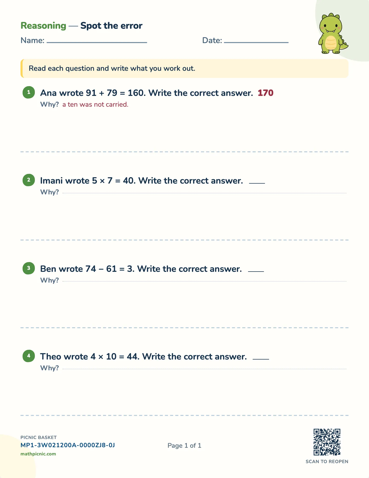 Spot the error worksheet — Find the mistake, free printable with answer key