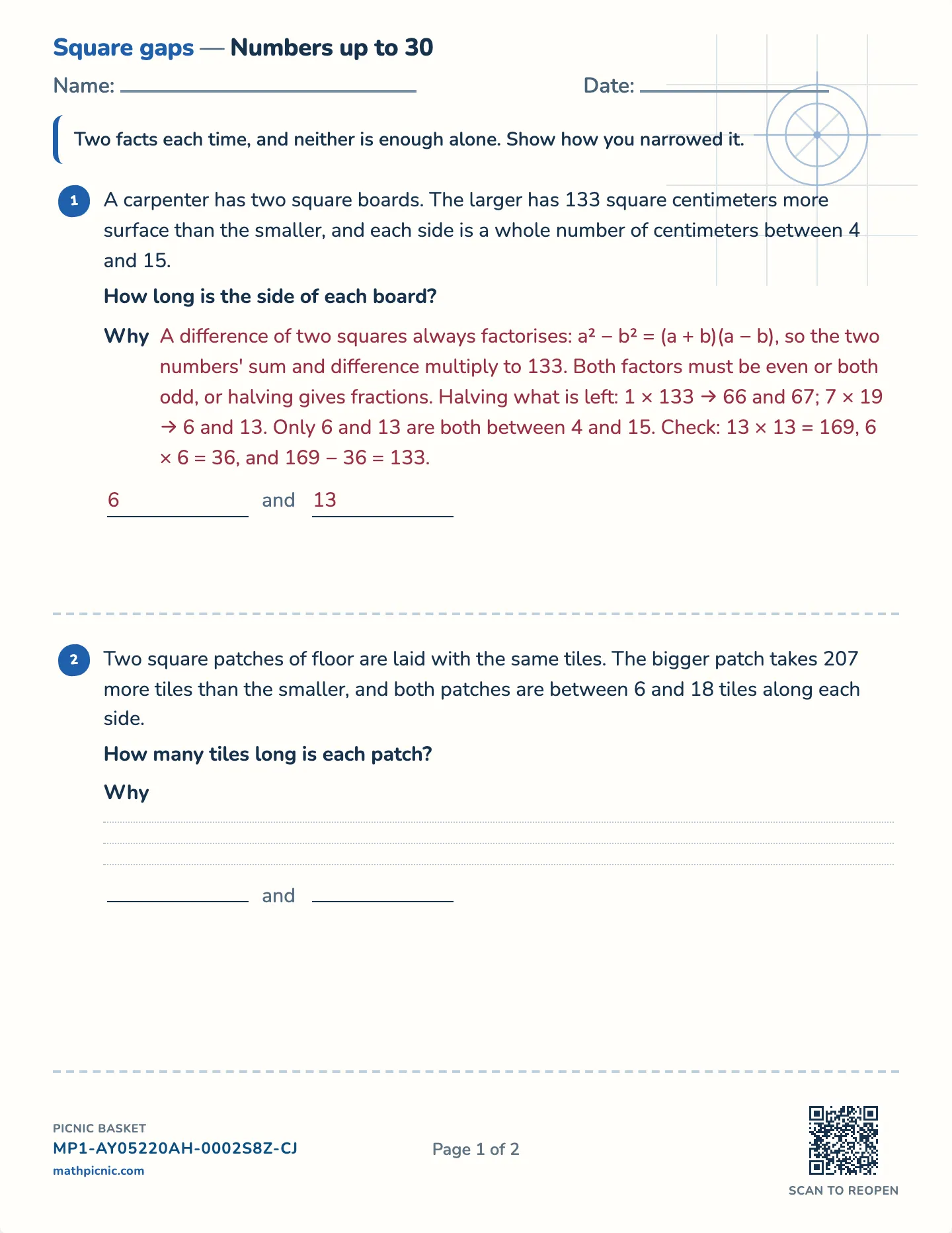 The gap between two squares worksheet — Challenge · numbers up to 20, 30 or 40, free printable with answer key