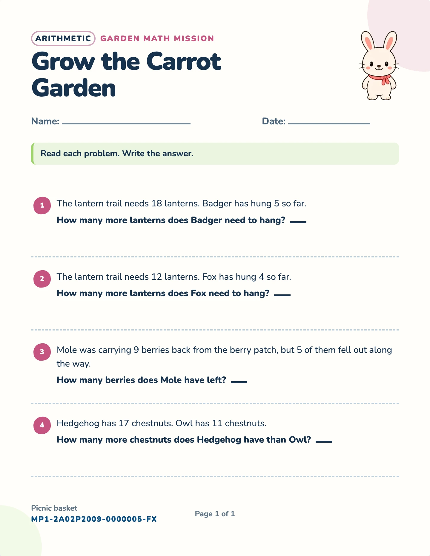 Subtraction word problems worksheet — Take away and compare, free printable with answer key