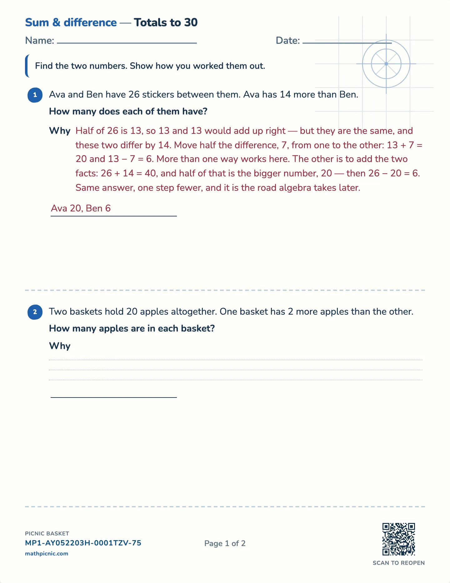 Sum and difference puzzles worksheet — Challenge · totals to 20, 30 or 40, free printable with answer key