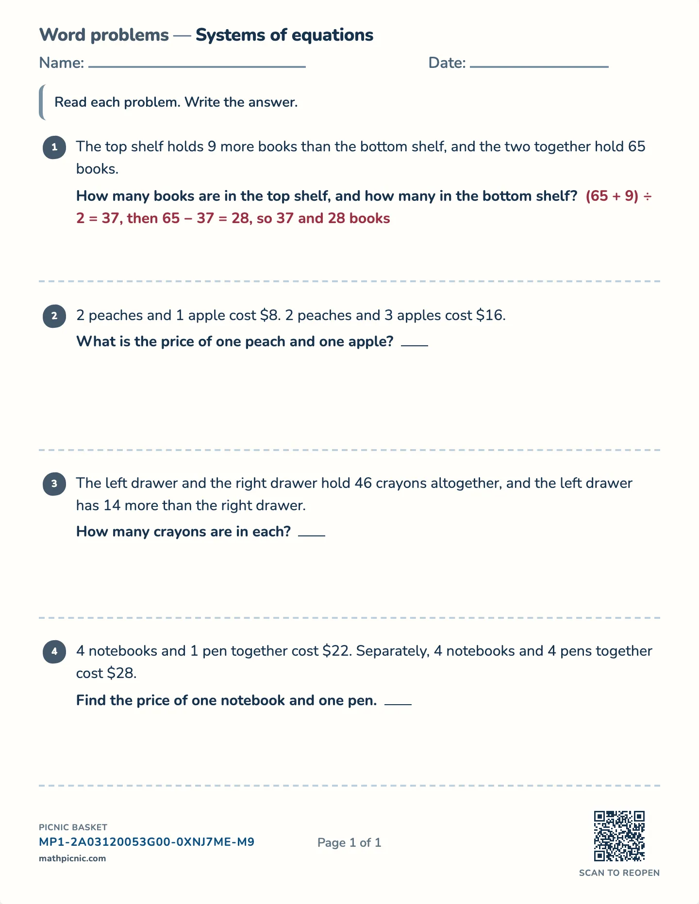 Systems of equations word problems worksheet — Sum and difference, two purchases, free printable with answer key
