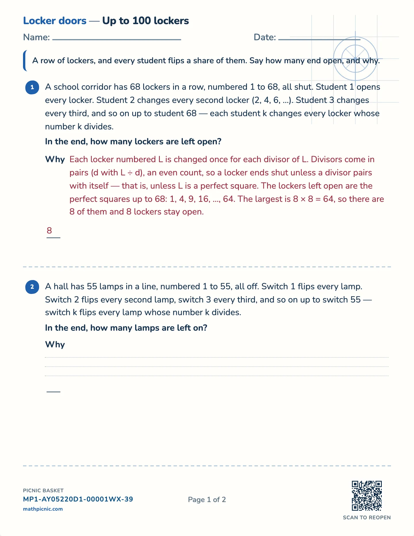 The hundred lockers worksheet — Challenge · up to 50, 100 or 200 lockers, free printable with answer key