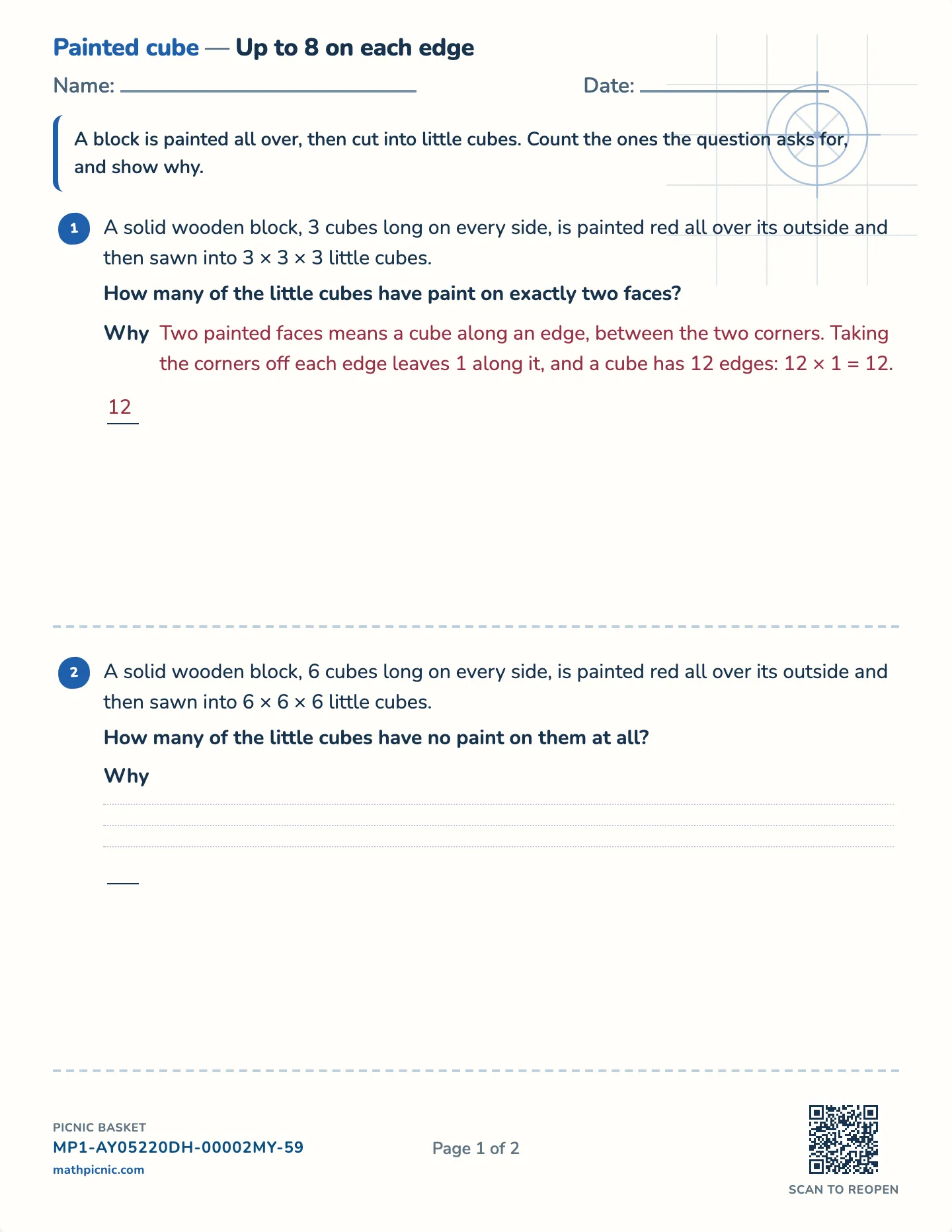 The painted cube worksheet — Challenge · cubes up to 6, 8 or 12 wide, free printable with answer key