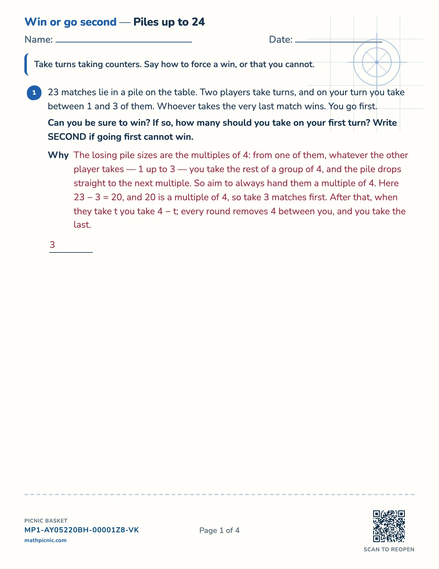 The taking game worksheet — Challenge · piles up to 16, 24 or 40, free printable with answer key