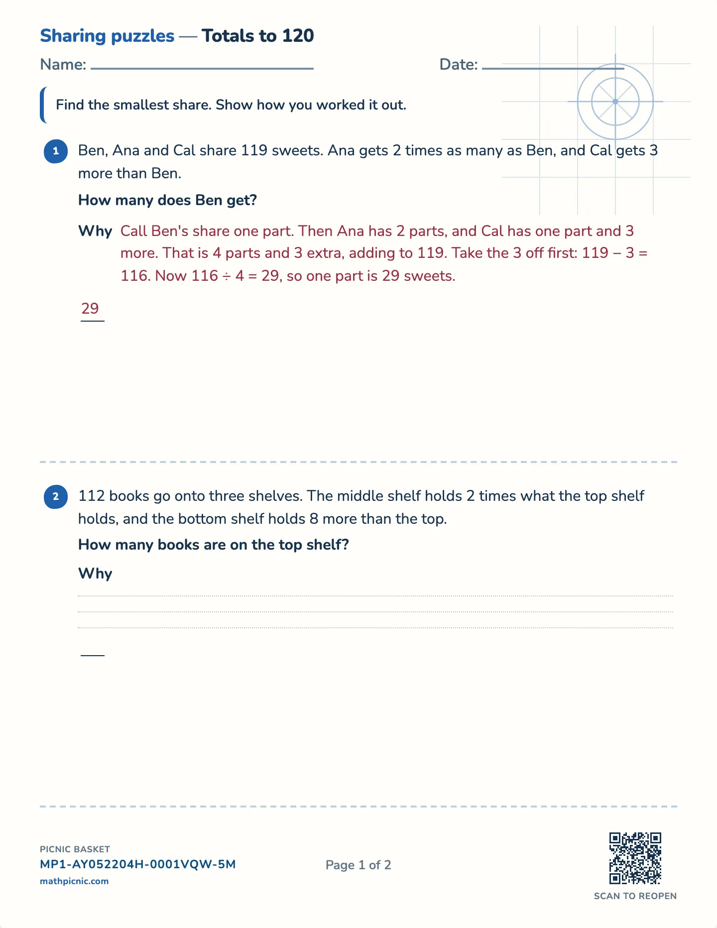 Three shares from one total worksheet — Challenge · totals to 80, 120 or 160, free printable with answer key