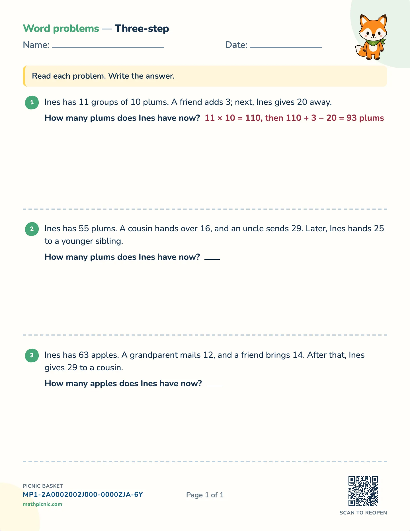 Three-step word problems worksheet — Three operations in order, free printable with answer key
