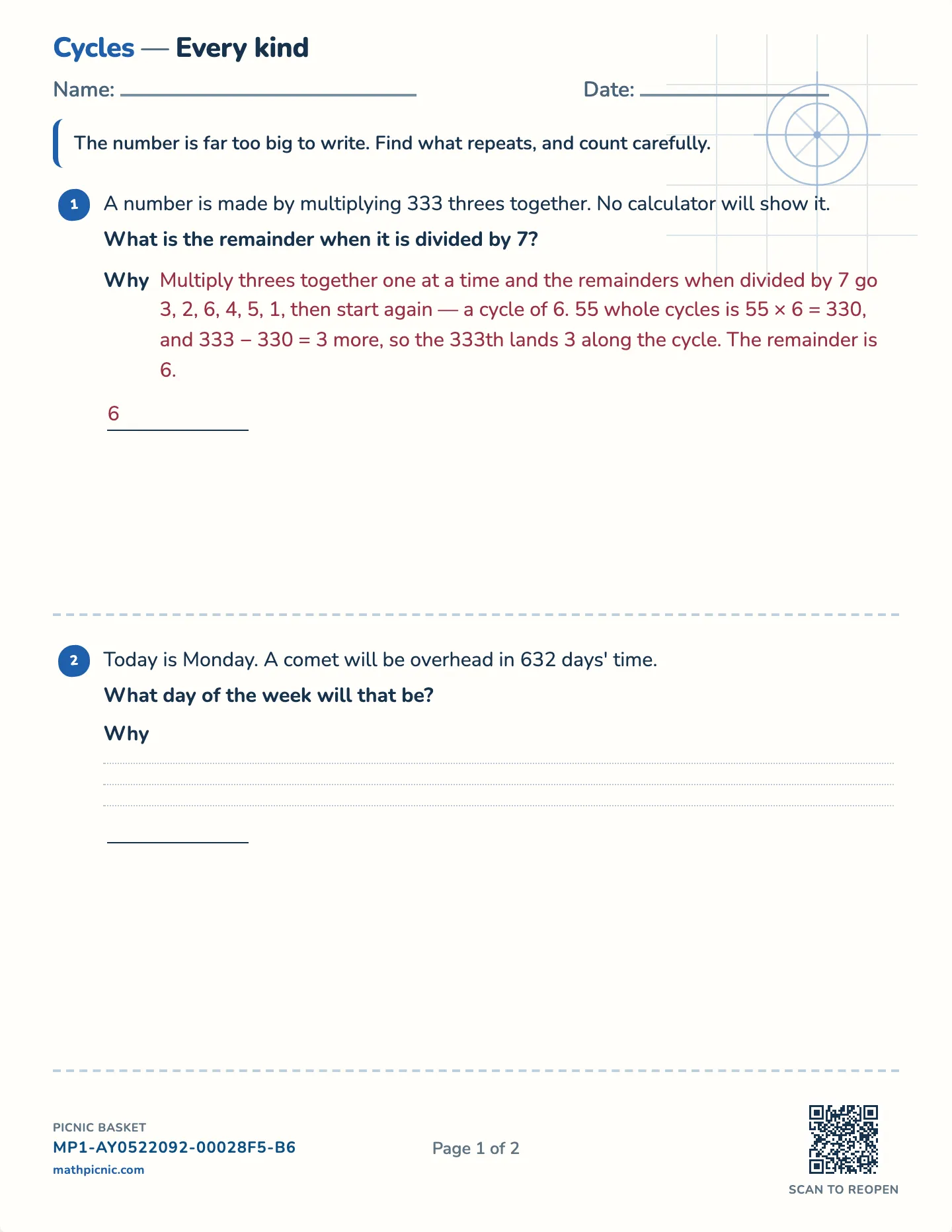 Numbers too big to compute worksheet — Challenge · last digits, days, remainders, free printable with answer key