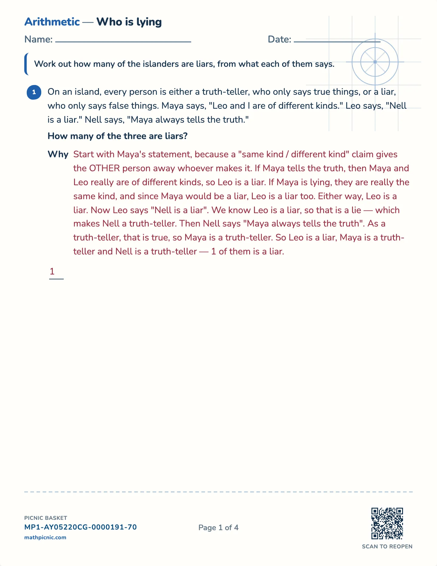 Truth-tellers and liars worksheet — Challenge · three islanders, free printable with answer key