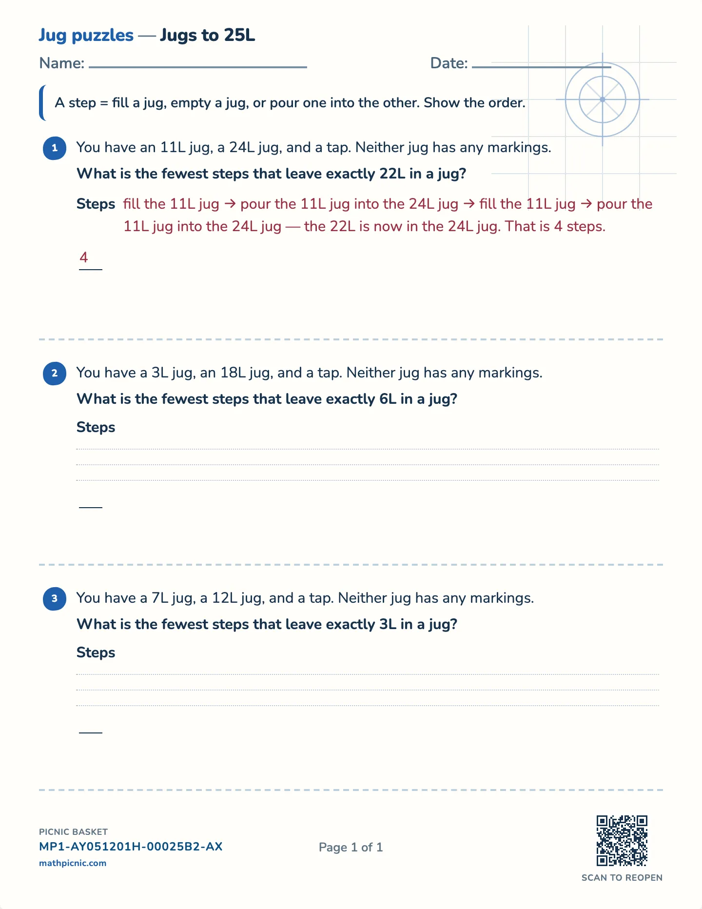 Two jugs and a tap worksheet — Challenge · jugs to 10, 15 or 20L, free printable with answer key