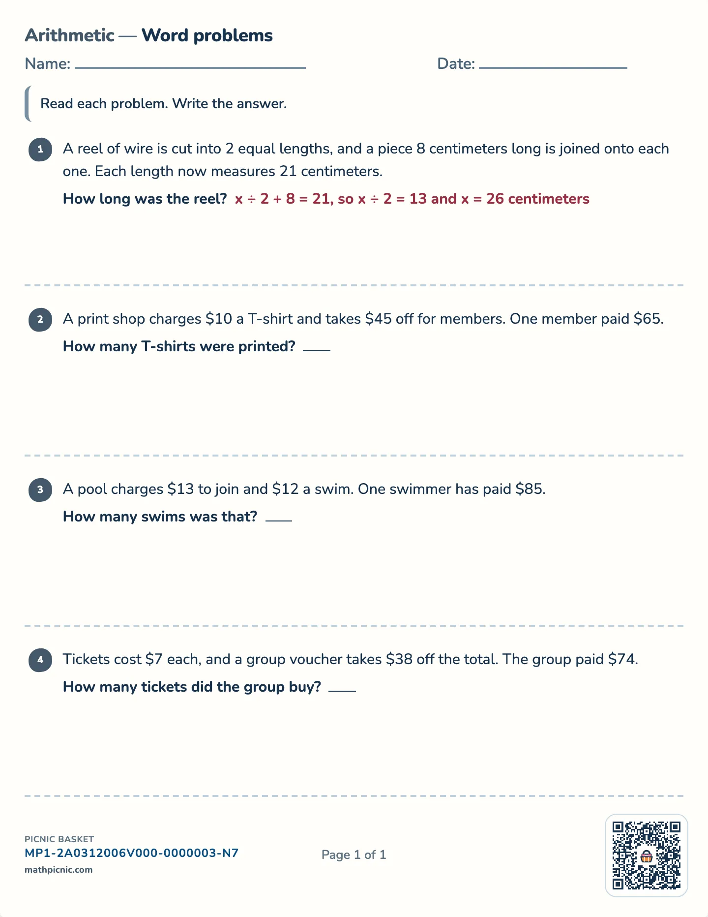 Two-step equation word problems worksheet — px + q = r from a story, free printable with answer key