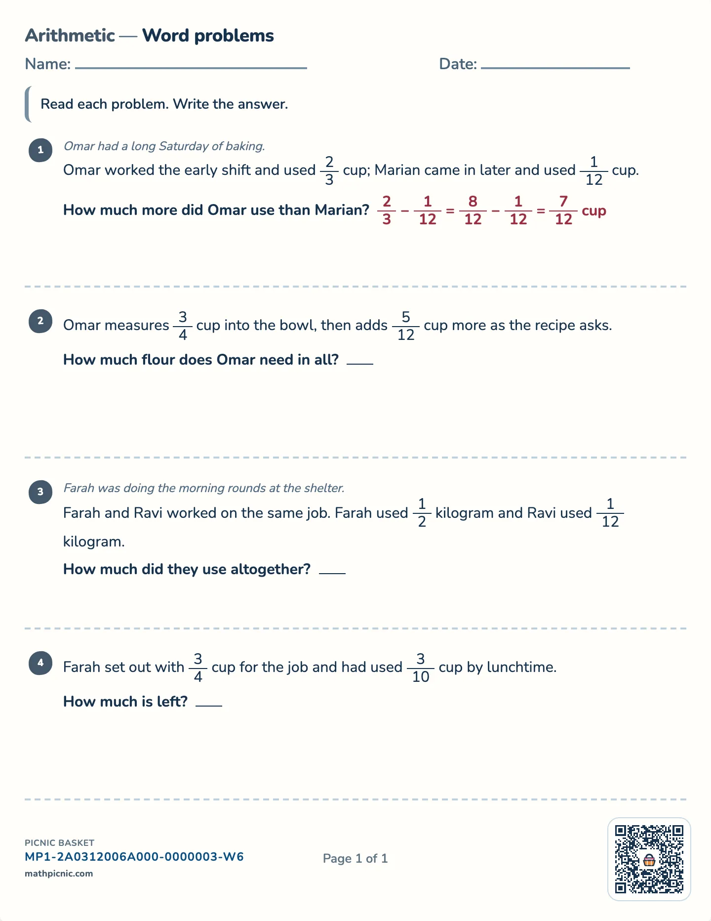 Unlike denominator word problems worksheet — Add and subtract unlike denominators, free printable with answer key