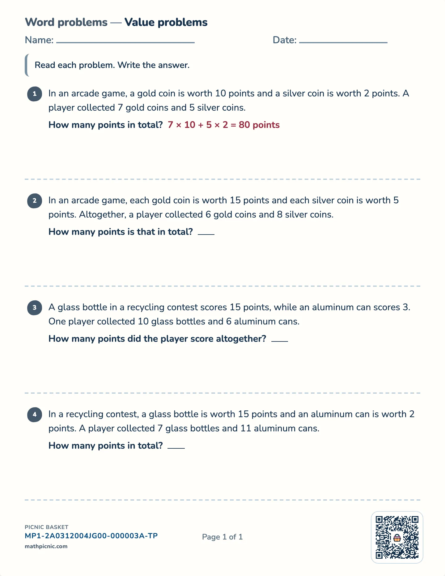 Value word problems (coins and notes) worksheet — Coins and notes, free printable with answer key