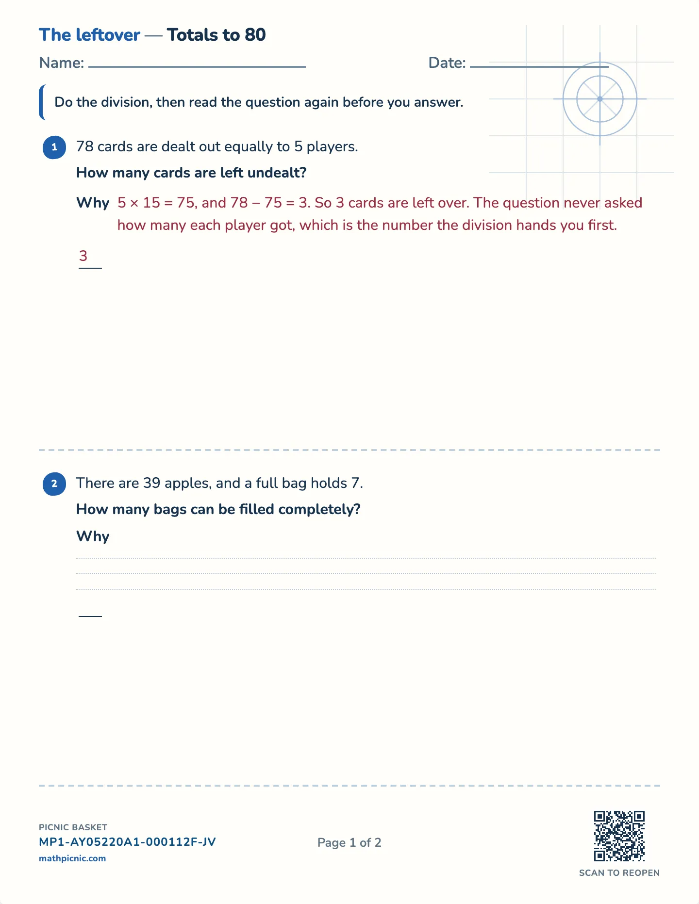 What the leftover means worksheet — Challenge · totals to 40, 80 or 120, free printable with answer key