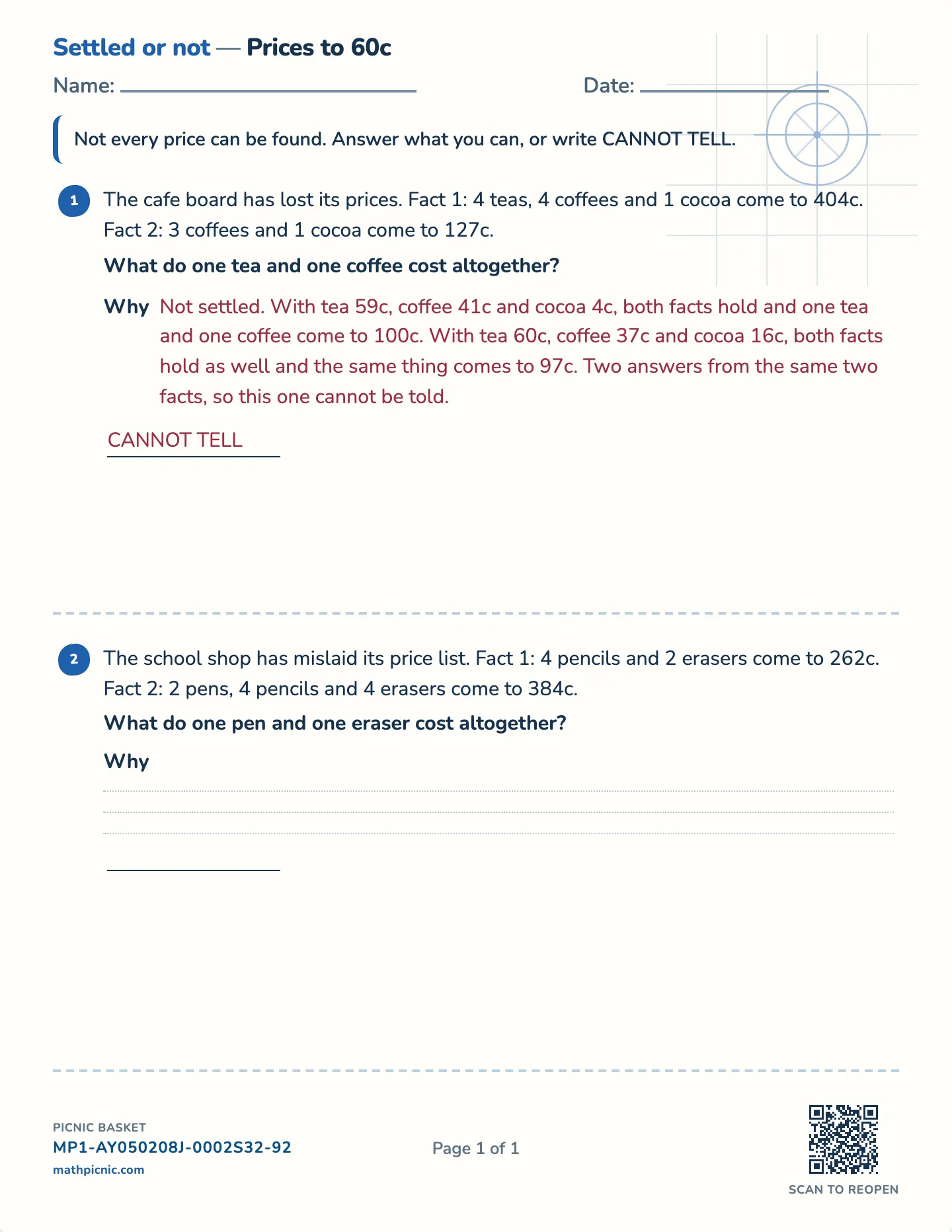 What two facts settle worksheet — Challenge · prices to 20c, 40c or 60c, free printable with answer key