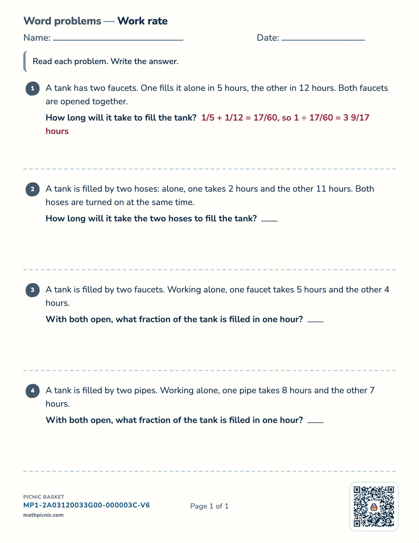 Work and pipes word problems worksheet — Two workers, one job, free printable with answer key
