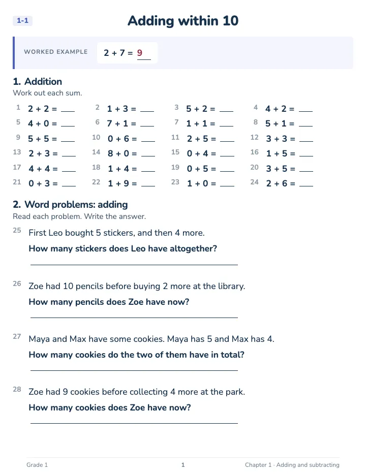 1st Grade Adding and Subtracting Workbook — A lesson page: the worked example, then the exercise
