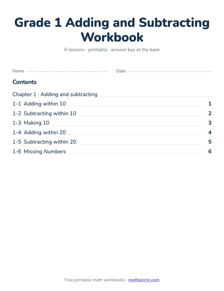 1st Grade Adding and Subtracting Workbook — printable workbook cover