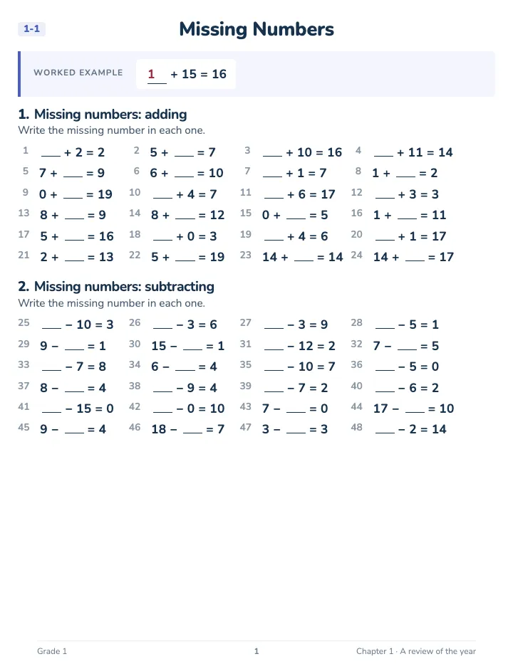 1st Grade Math Review Workbook — A lesson page: the worked example, then the exercise