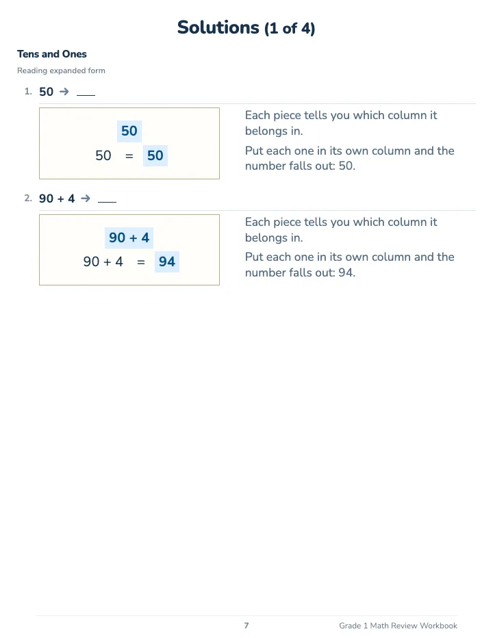 1st Grade Math Review Workbook — The back of the book: a worked solution for each kind of question