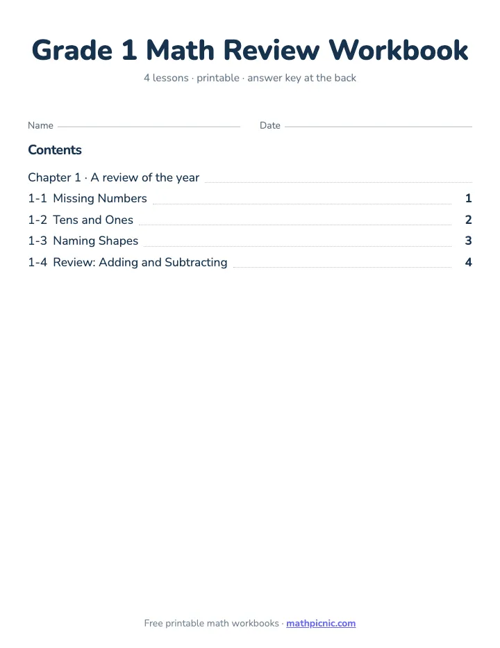 1st Grade Math Review Workbook — printable workbook cover