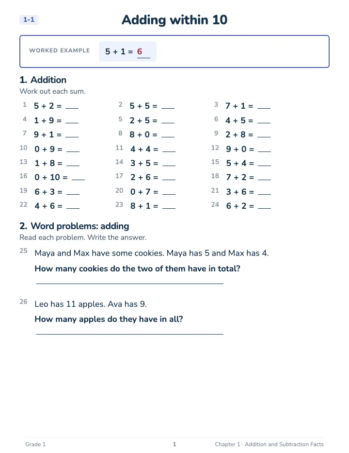 1st Grade Math Workbook: Advanced — A lesson page: the worked example, then the exercise