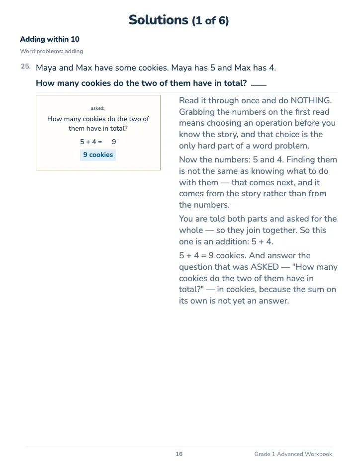 1st Grade Math Workbook: Advanced — The back of the book: a worked solution for each kind of question
