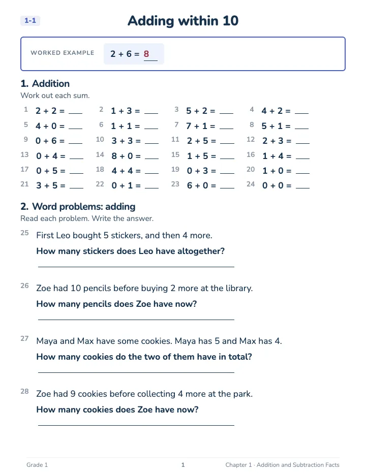 1st Grade Math Workbook: Foundation — A lesson page: the worked example, then the exercise