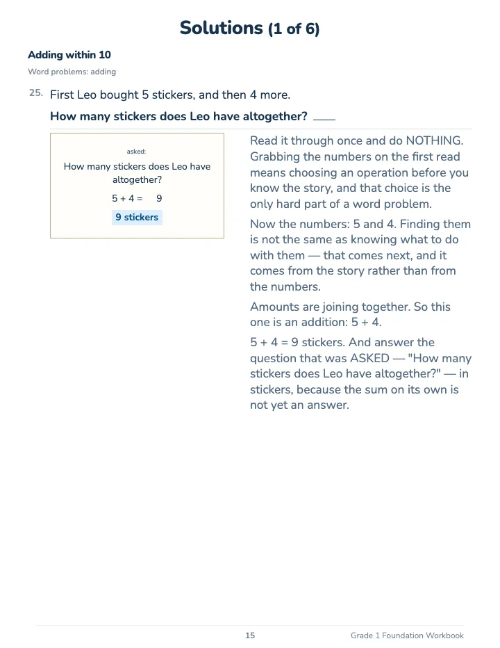 1st Grade Math Workbook: Foundation — The back of the book: a worked solution for each kind of question
