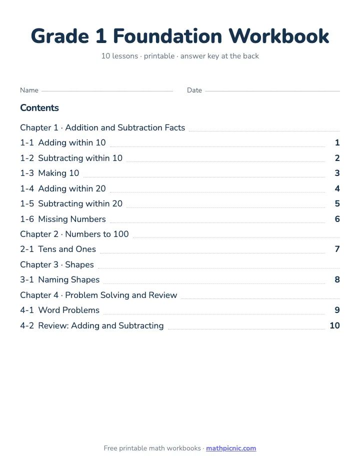 1st Grade Math Workbook: Foundation — printable workbook cover