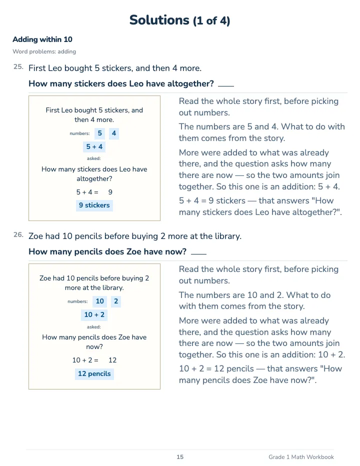 1st Grade Math Workbook — The back of the book: a worked solution for each kind of question