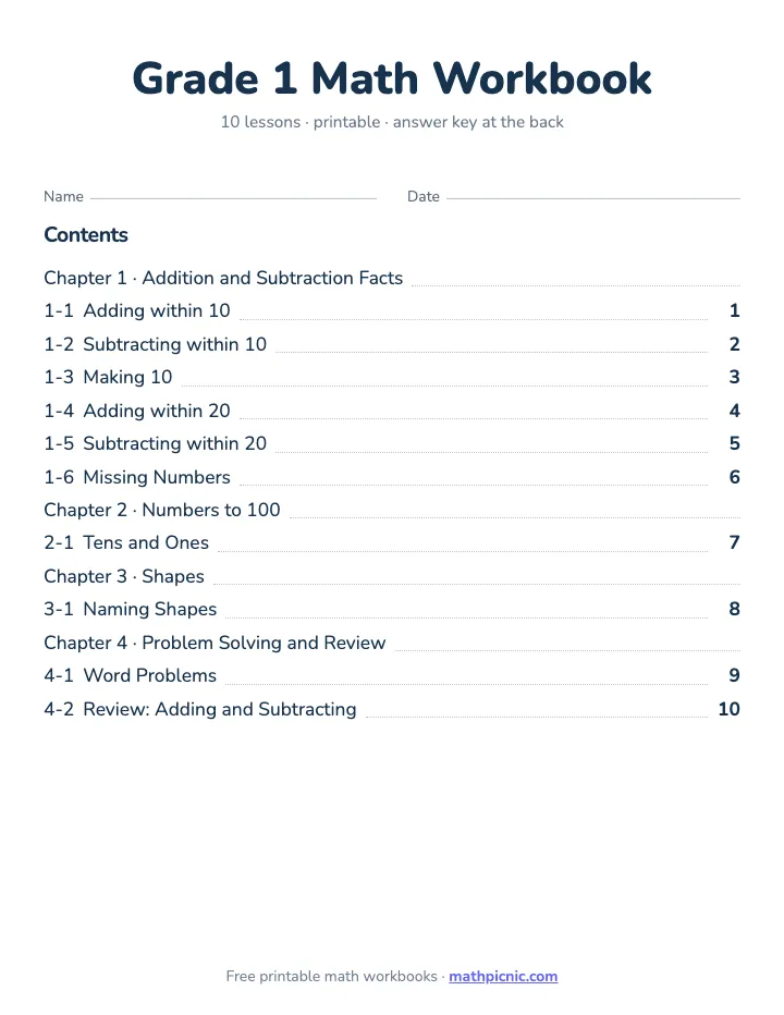 1st Grade Math Workbook — printable workbook cover