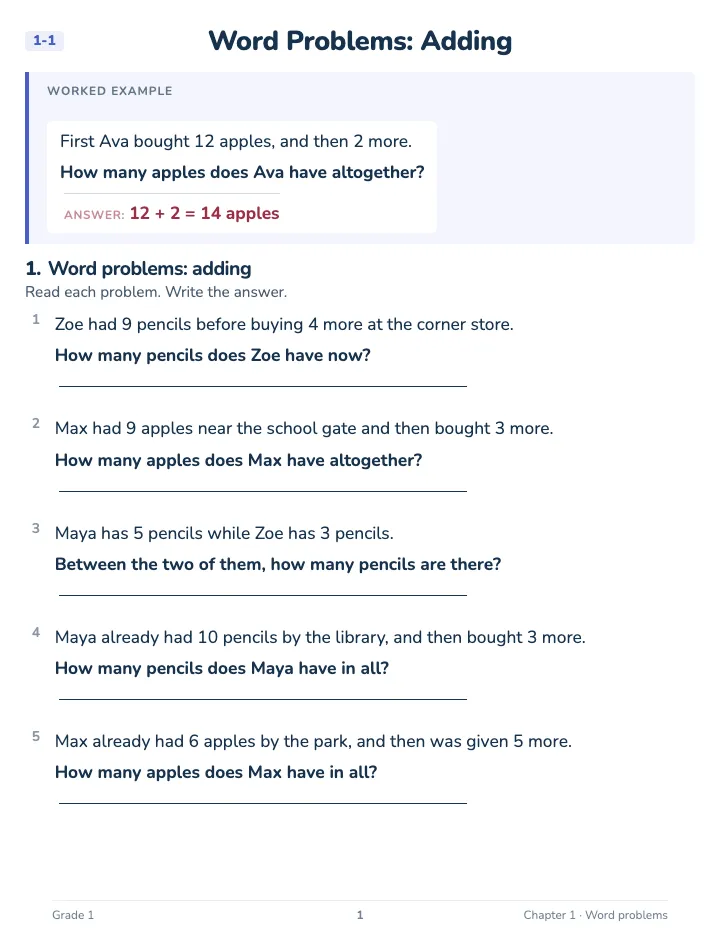 1st Grade Word Problems Workbook — A lesson page: the worked example, then the exercise