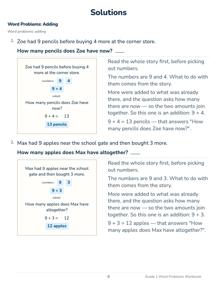 1st Grade Word Problems Workbook — The back of the book: a worked solution for each kind of question