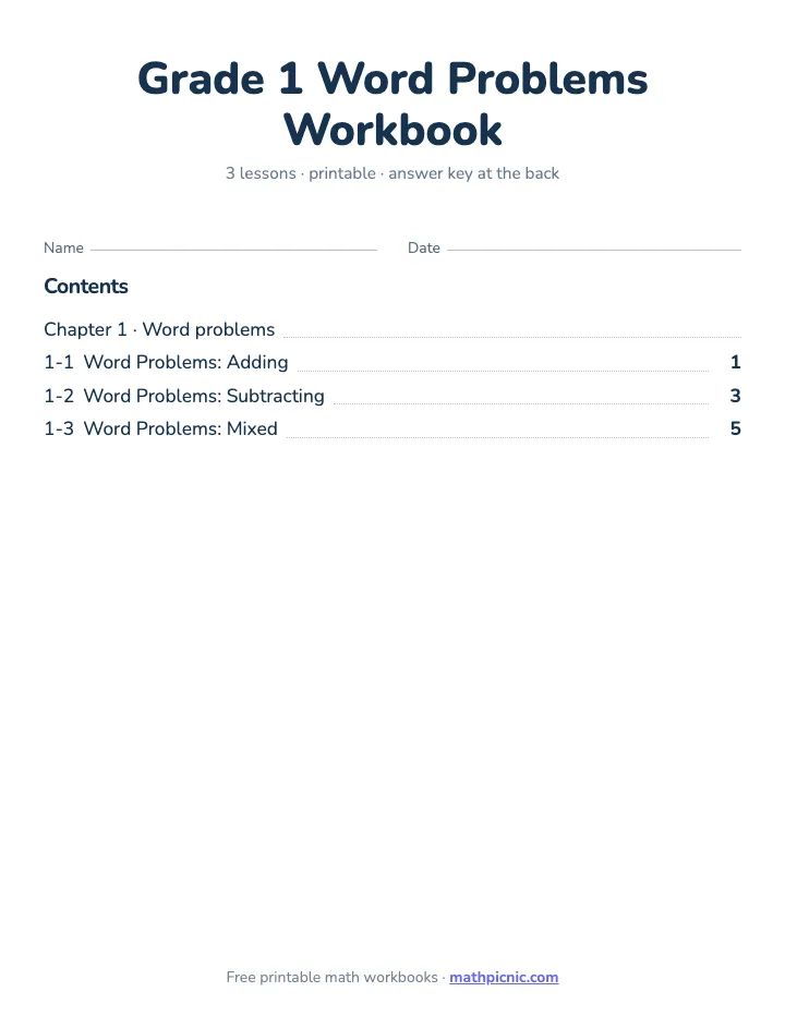 1st Grade Word Problems Workbook — printable workbook cover