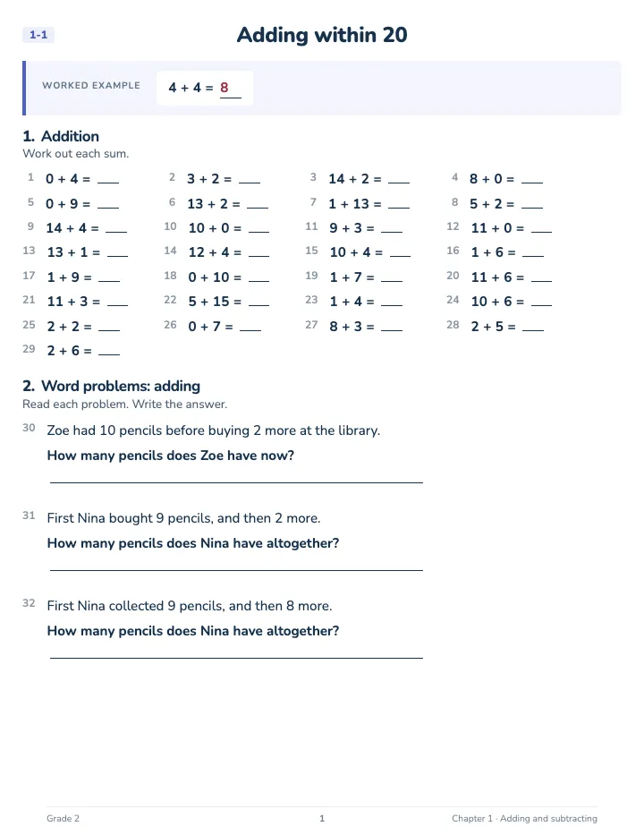 2nd Grade Adding and Subtracting Workbook — A lesson page: the worked example, then the exercise
