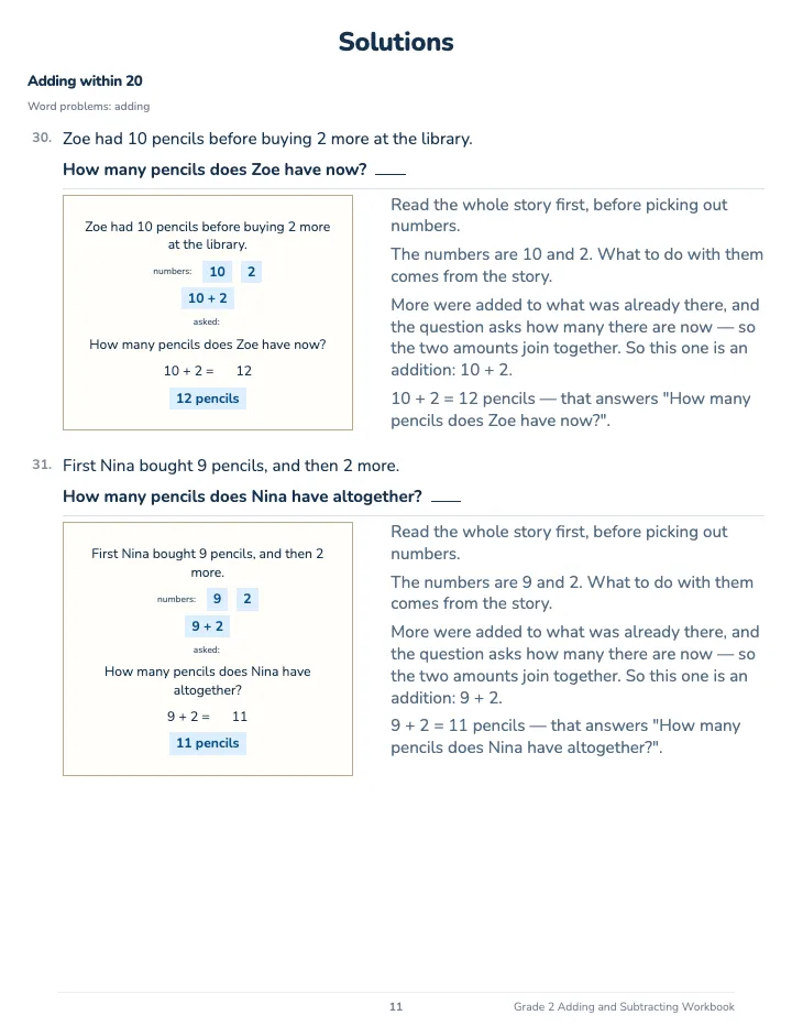 2nd Grade Adding and Subtracting Workbook — The back of the book: a worked solution for each kind of question