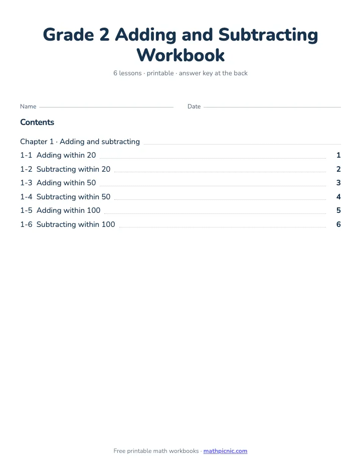 2nd Grade Adding and Subtracting Workbook — printable workbook cover