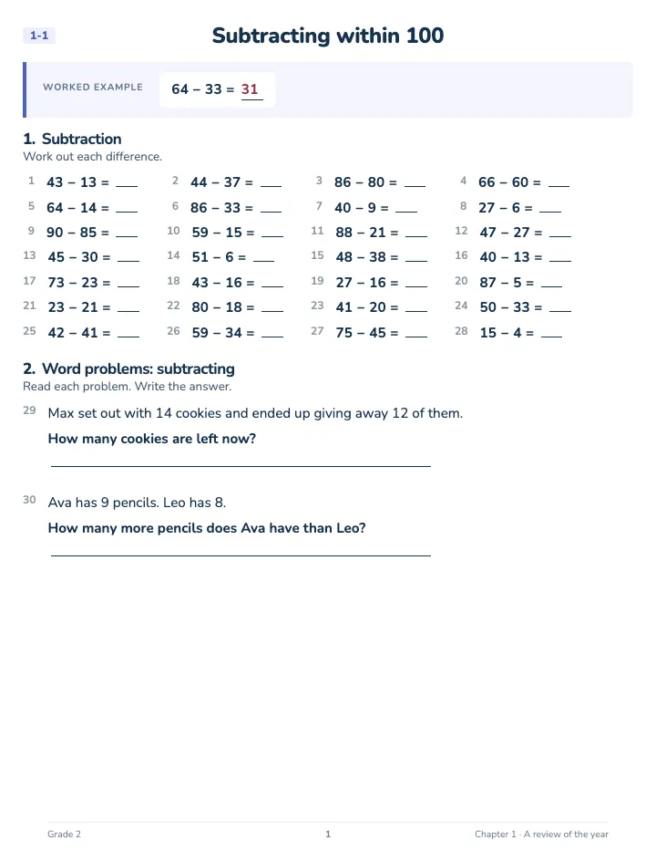 2nd Grade Math Review Workbook — A lesson page: the worked example, then the exercise