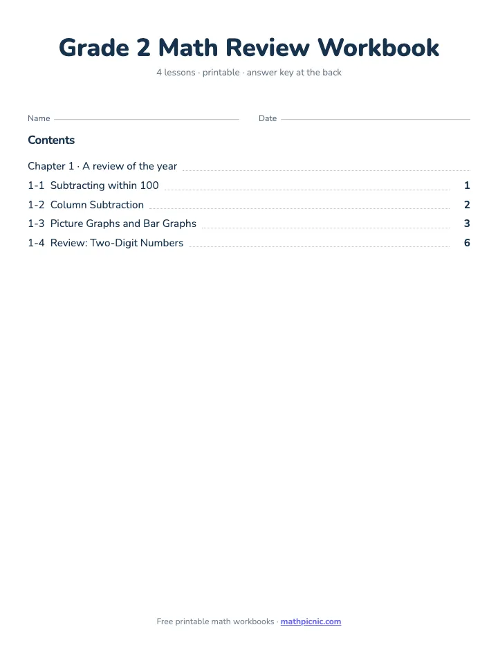2nd Grade Math Review Workbook — printable workbook cover