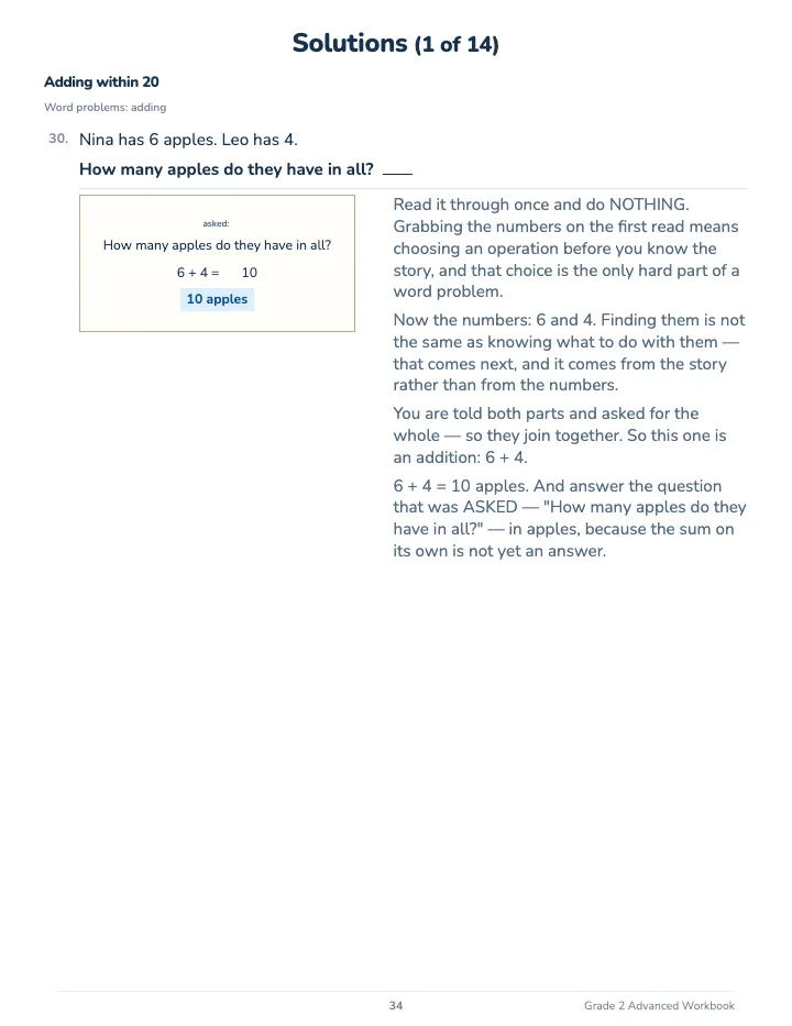 2nd Grade Math Workbook: Advanced — The back of the book: a worked solution for each kind of question