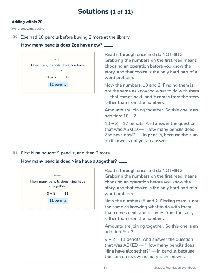 2nd Grade Math Workbook: Foundation — The back of the book: a worked solution for each kind of question