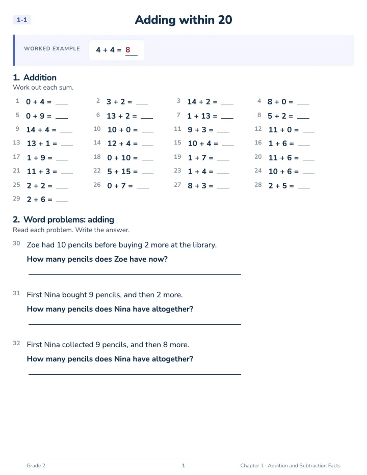 2nd Grade Math Workbook — A lesson page: the worked example, then the exercise