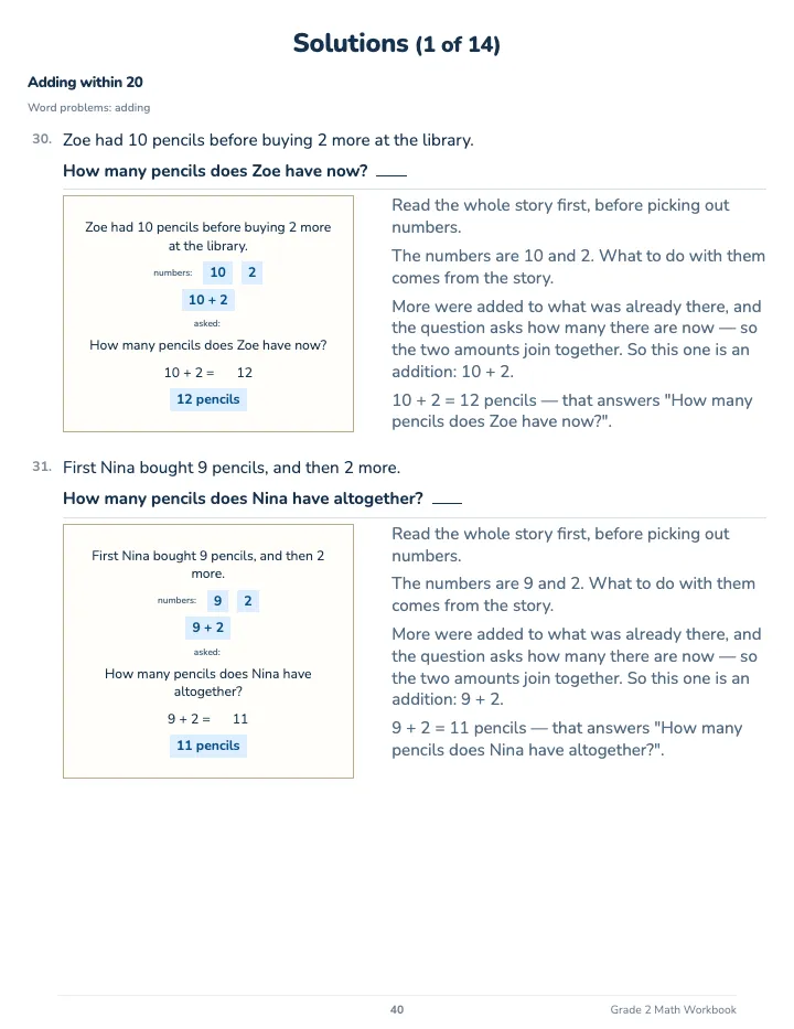 2nd Grade Math Workbook — The back of the book: a worked solution for each kind of question